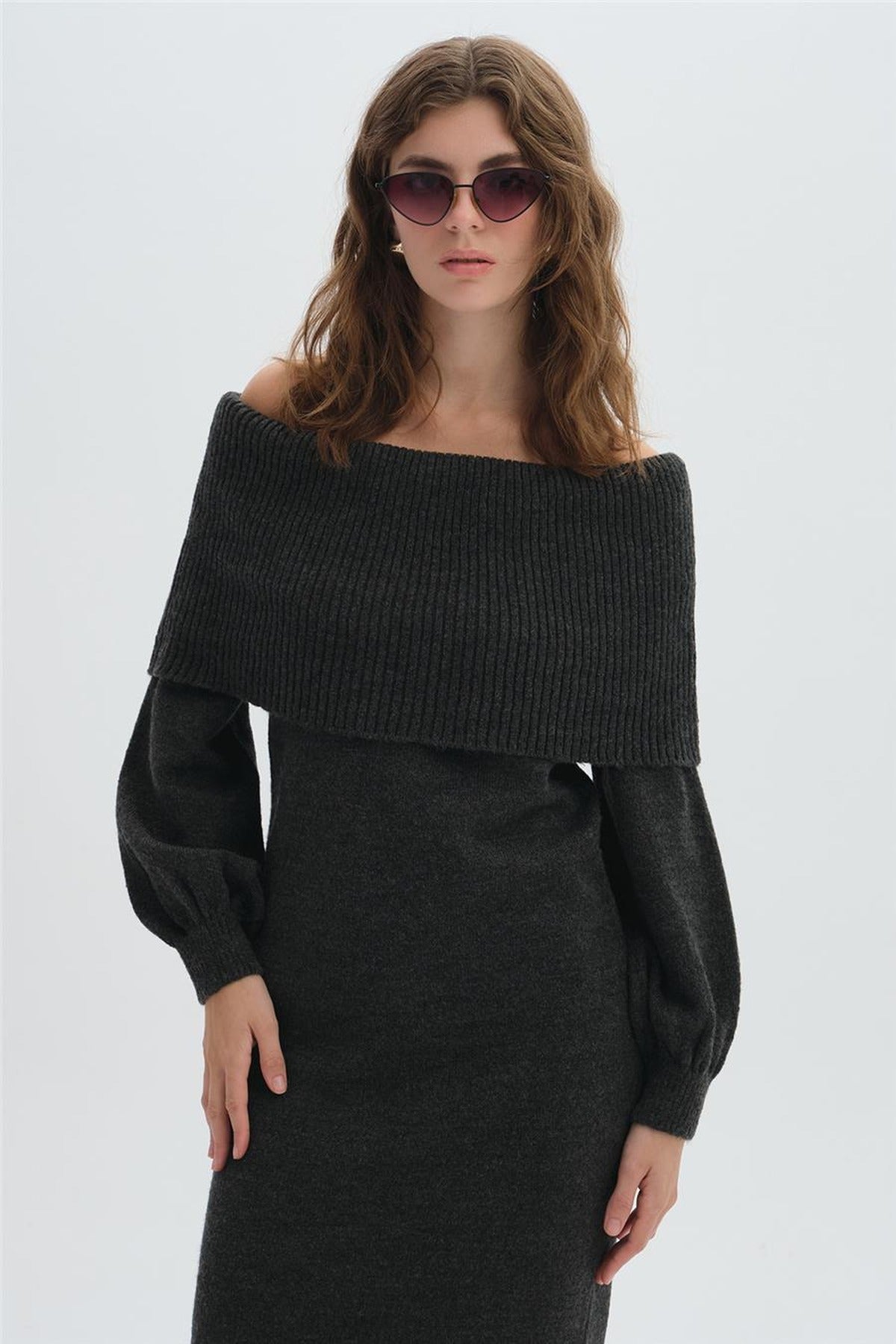 Shawl Collar Long Knit Dress