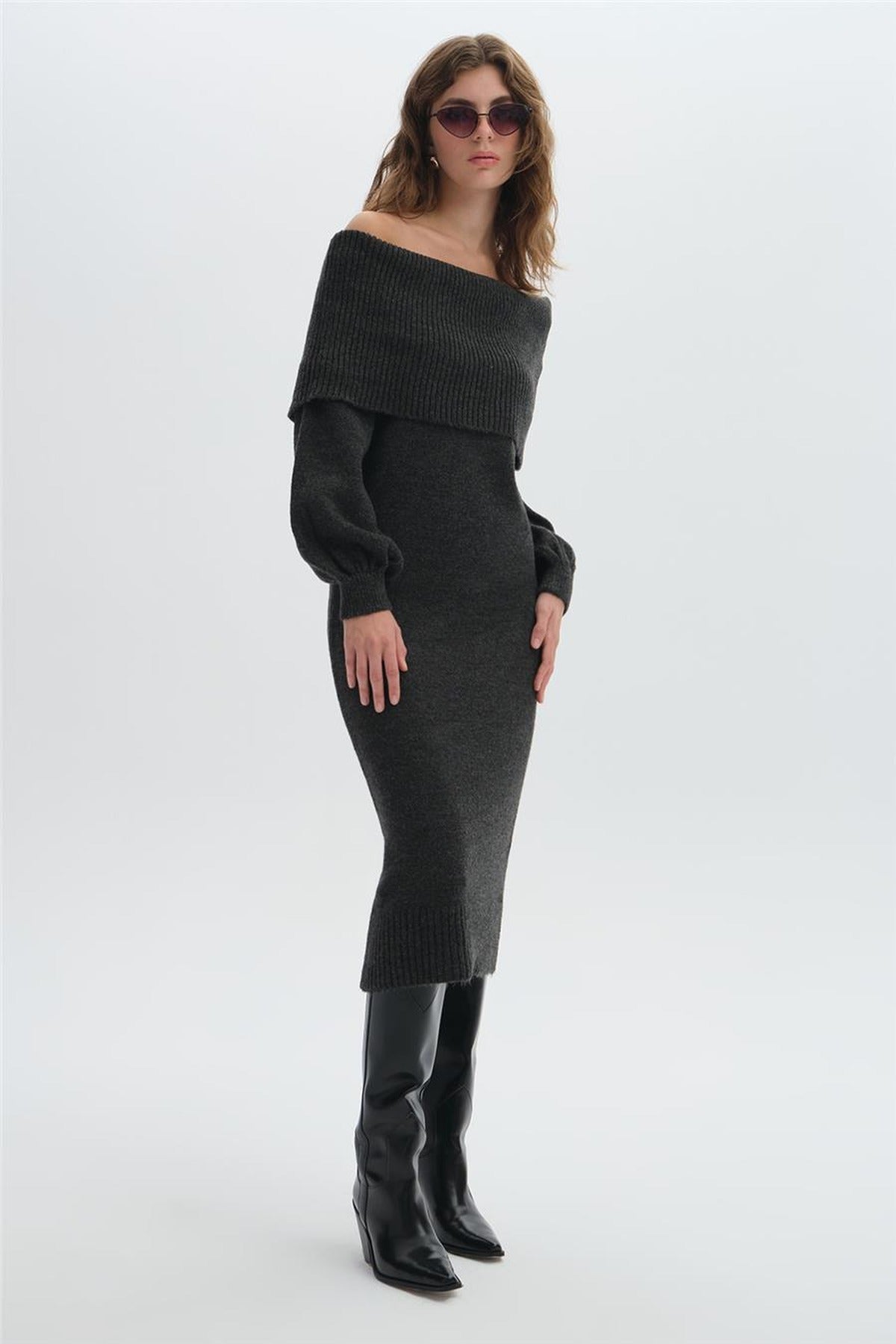 Shawl Collar Long Knit Dress