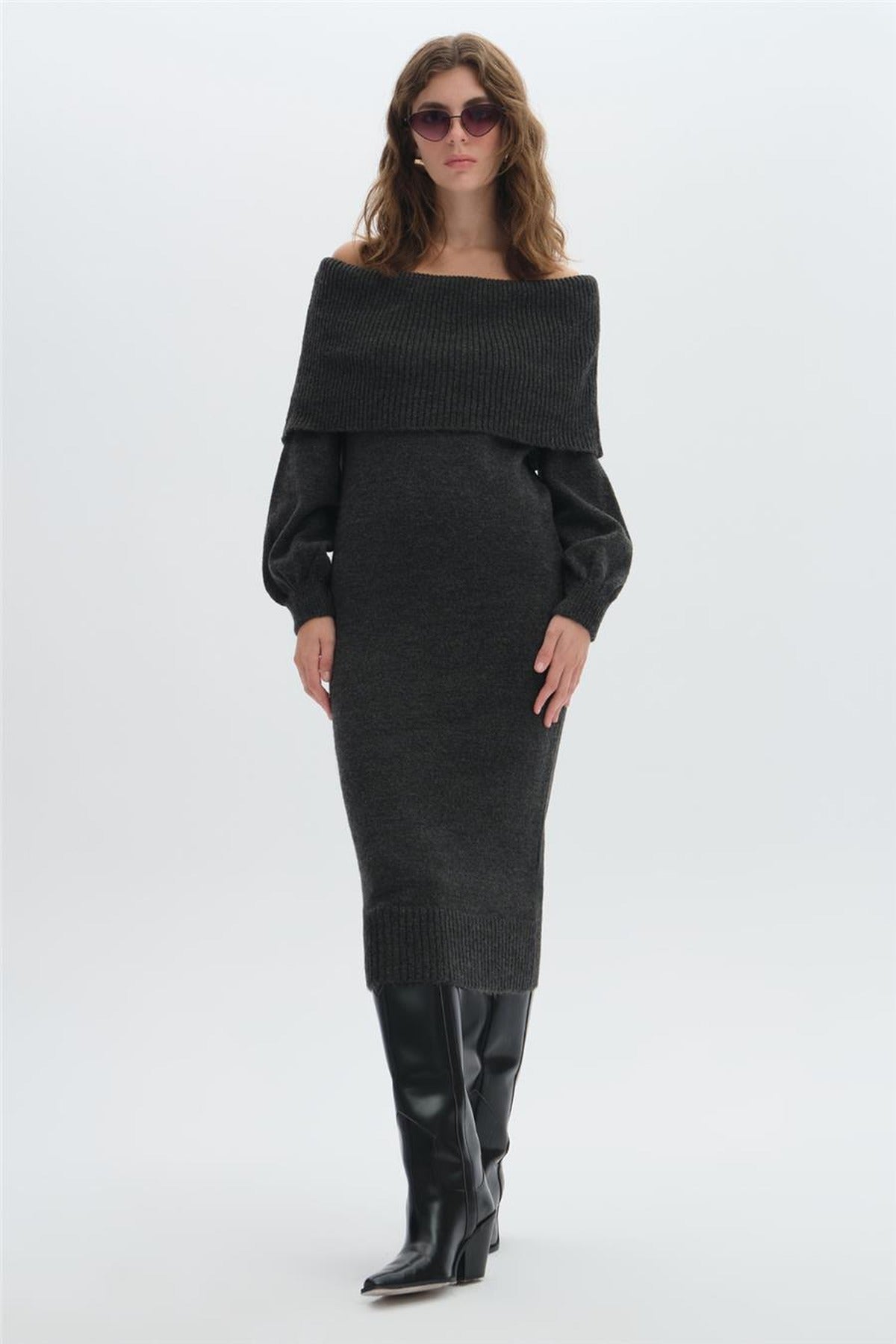 Shawl Collar Long Knit Dress