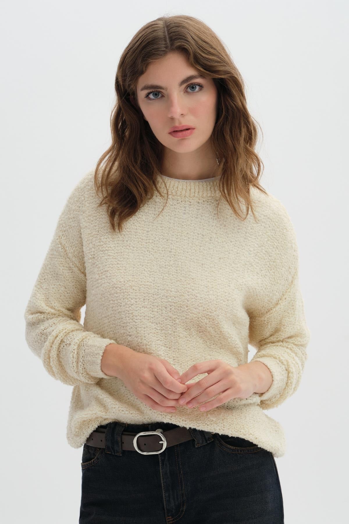 Off-Shoulder Boucle Knit Jumper