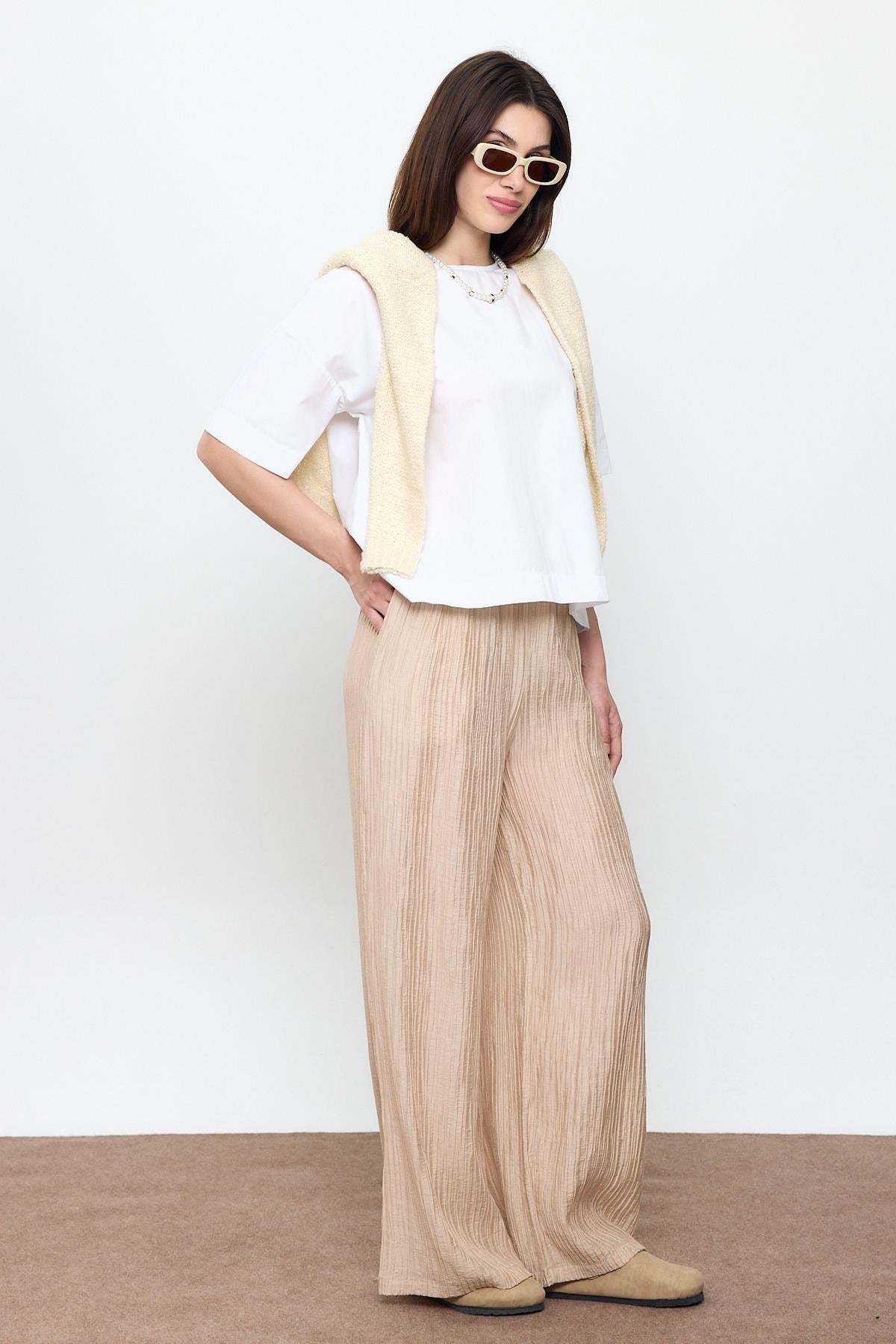 Ribbed Elastic Waist Palazzo Trousers