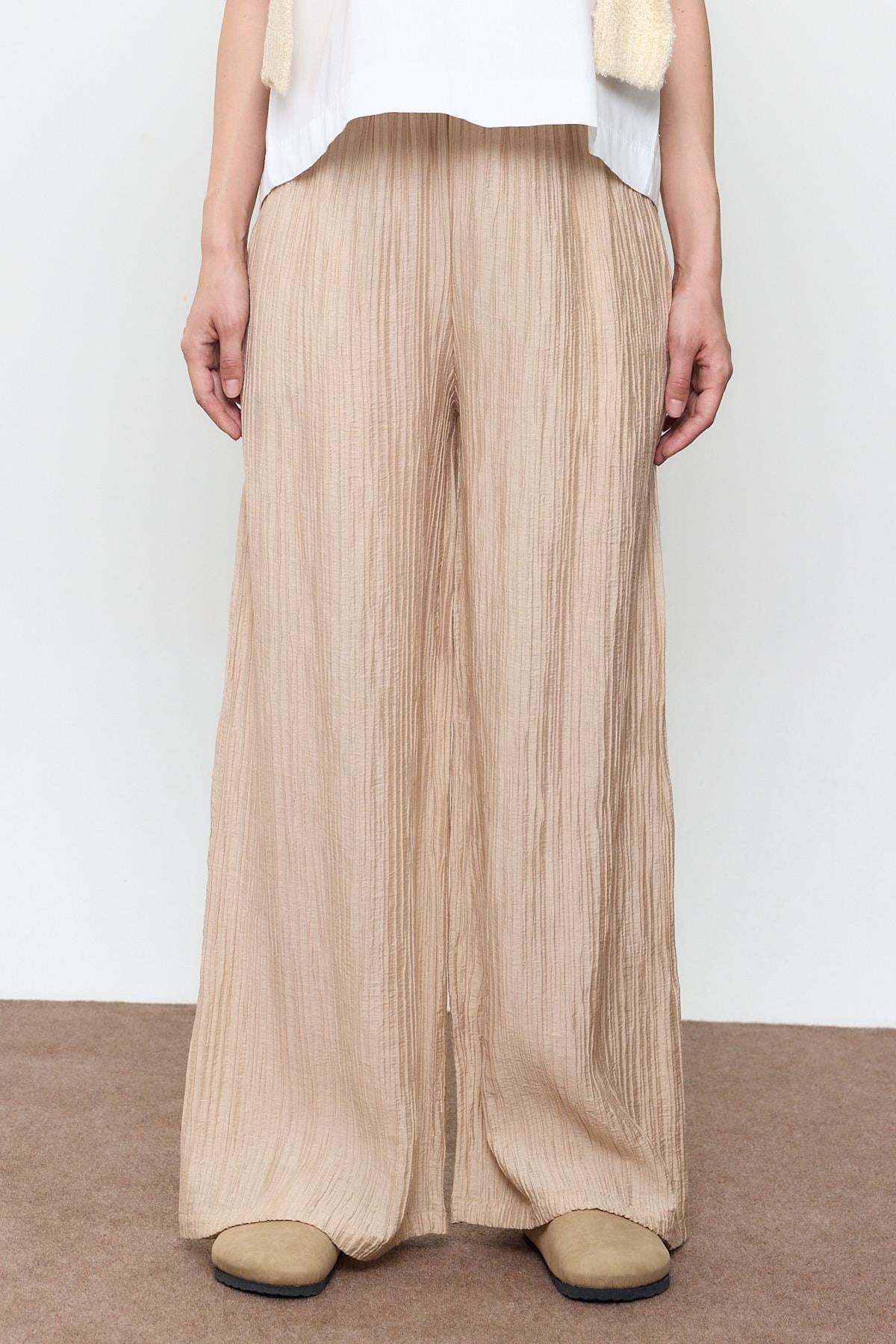 Ribbed Elastic Waist Palazzo Trousers