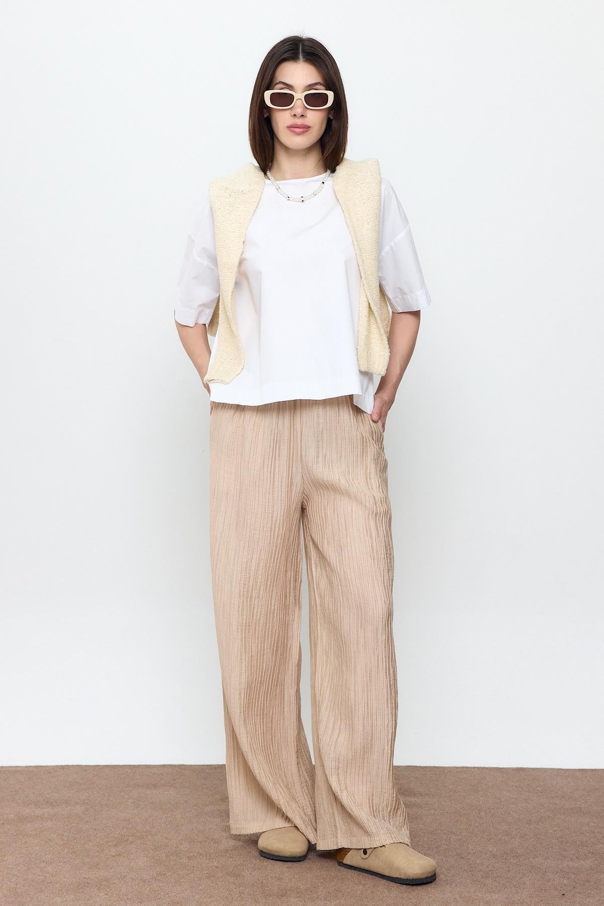 Ribbed Elastic Waist Palazzo Trousers
