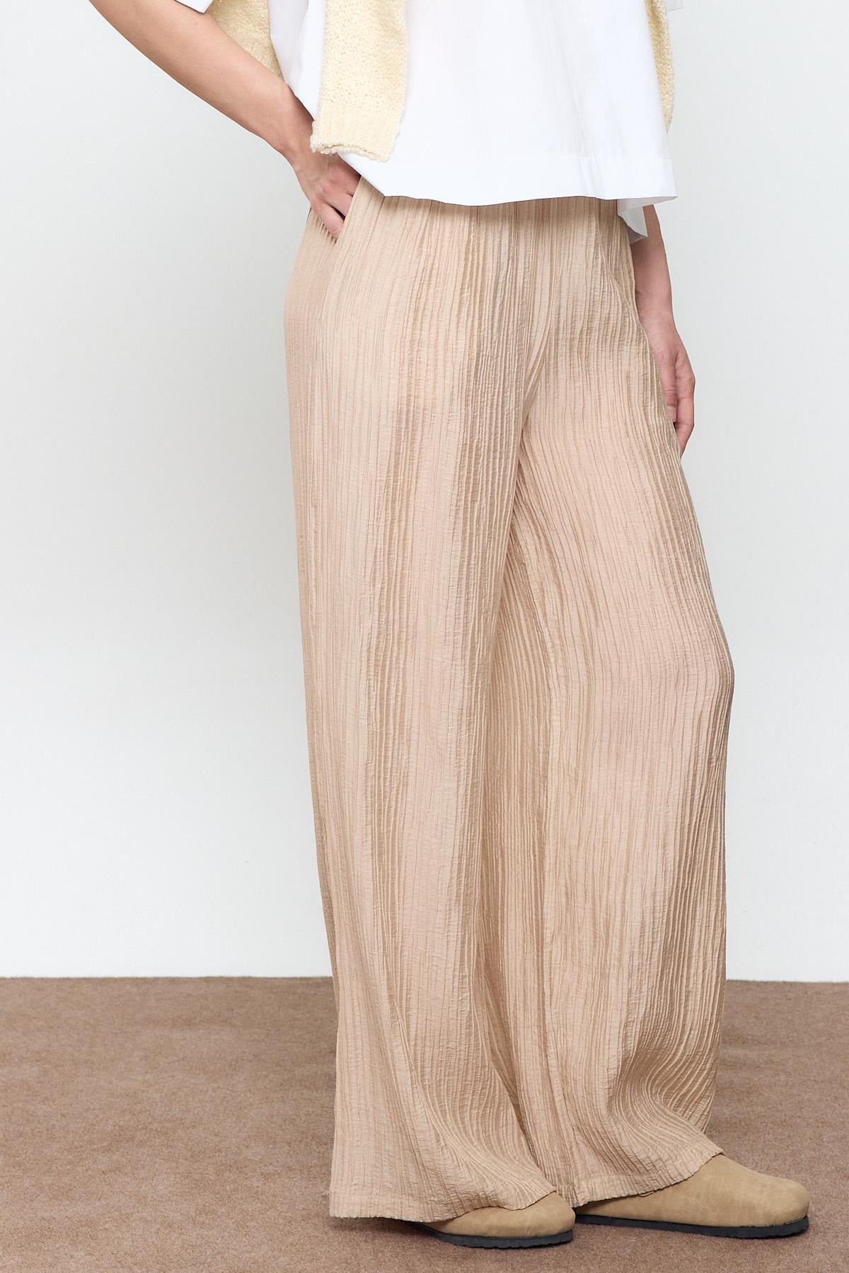 Ribbed Elastic Waist Palazzo Trousers