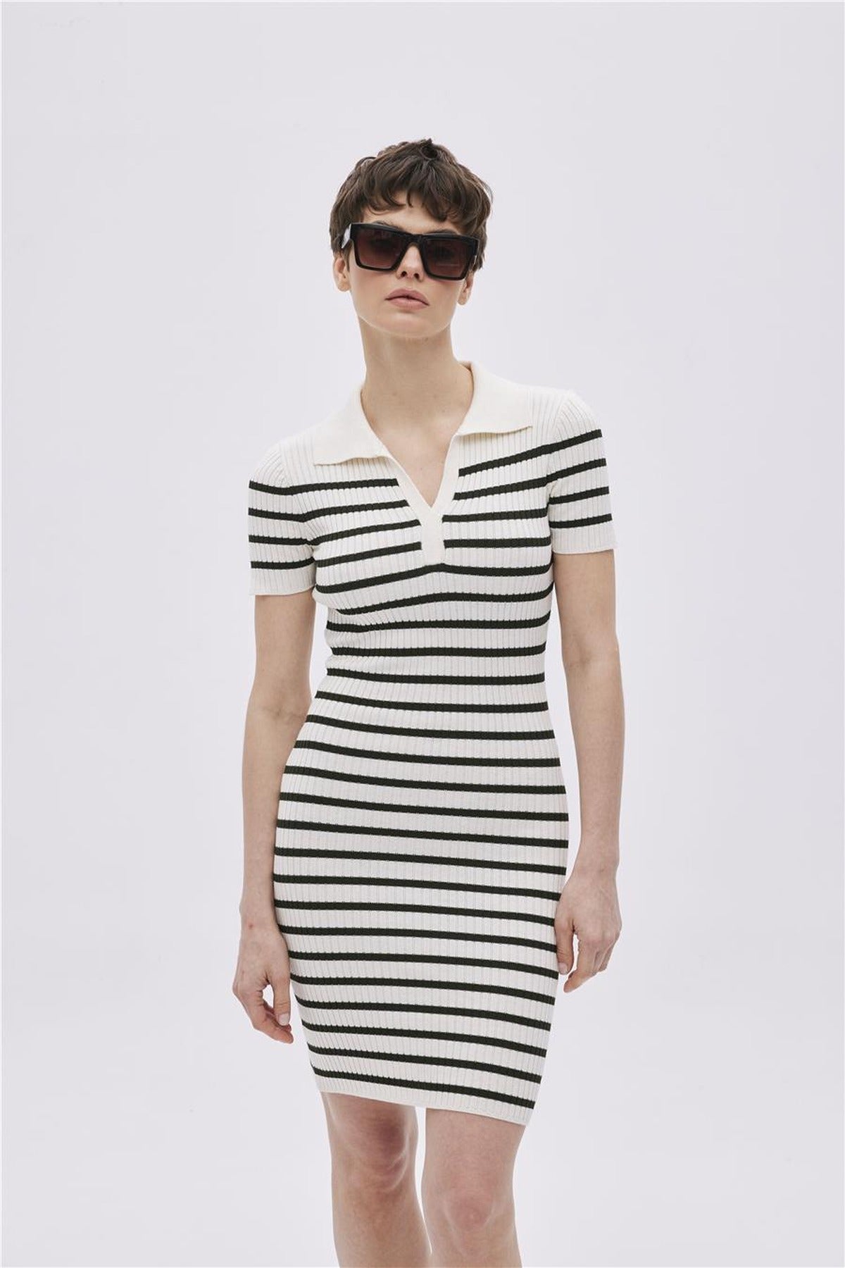 Striped Polo Collar Knit Dress