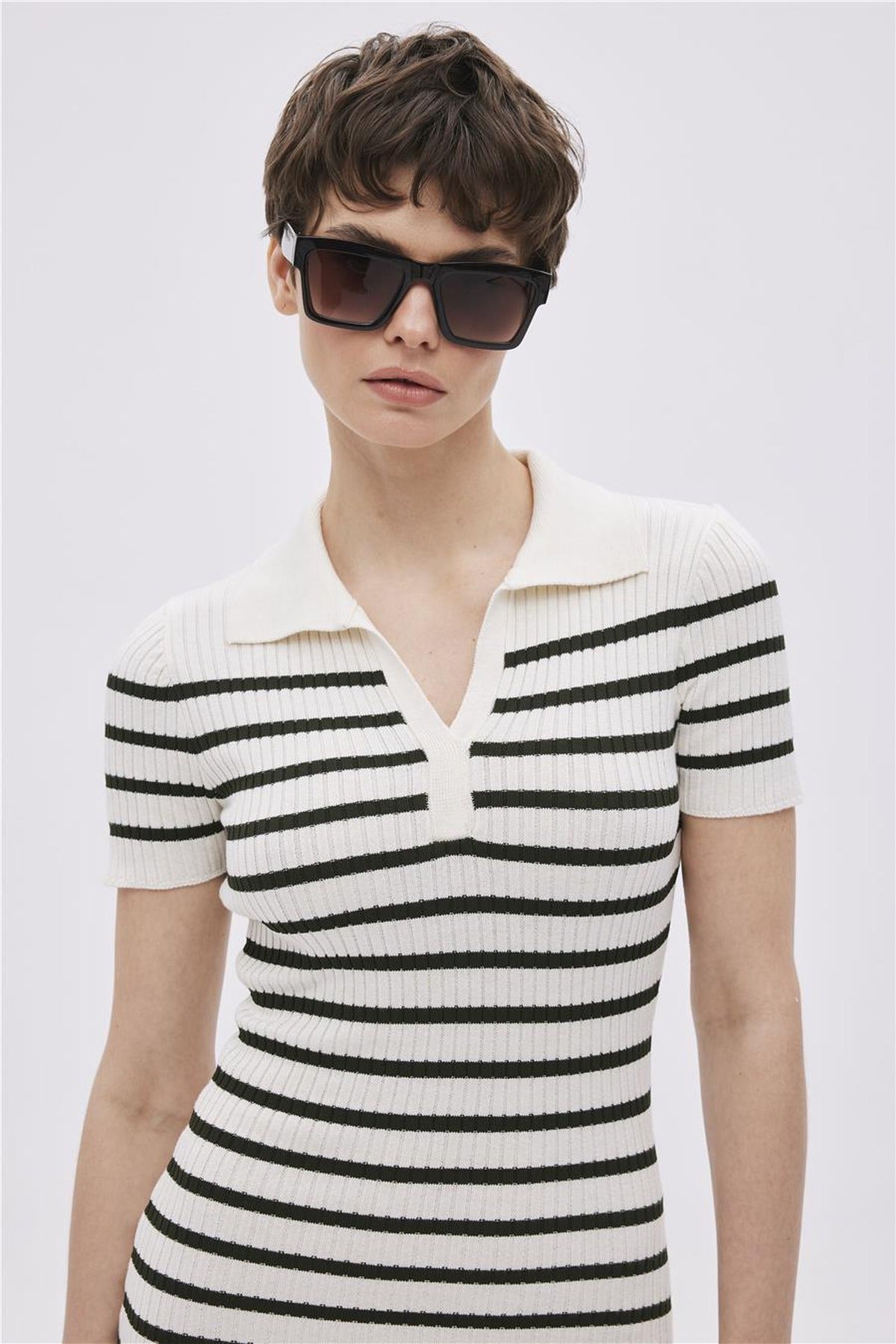 Striped Polo Collar Knit Dress