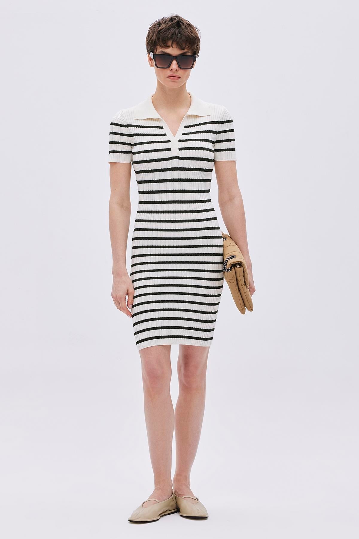 Striped Polo Collar Knit Dress