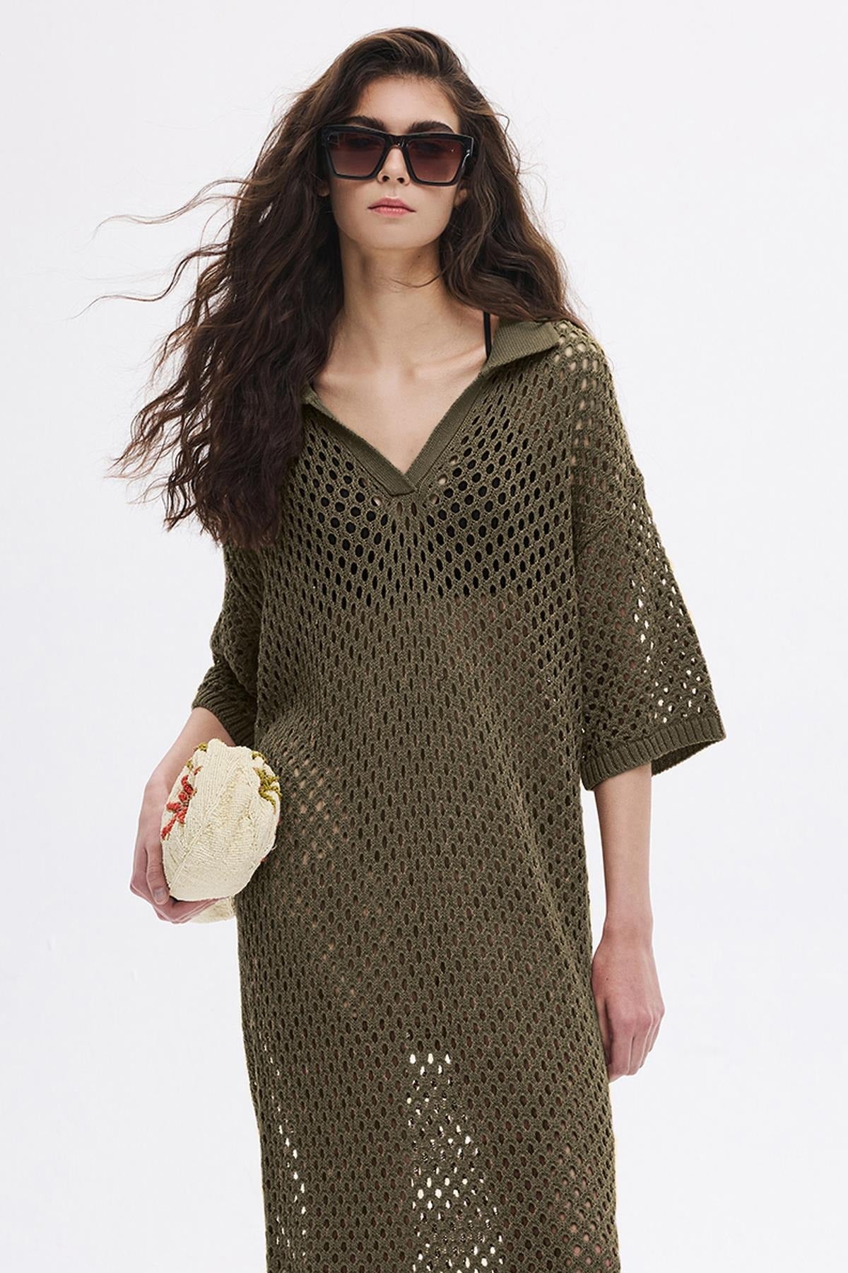 Openwork Polo Collar Dress