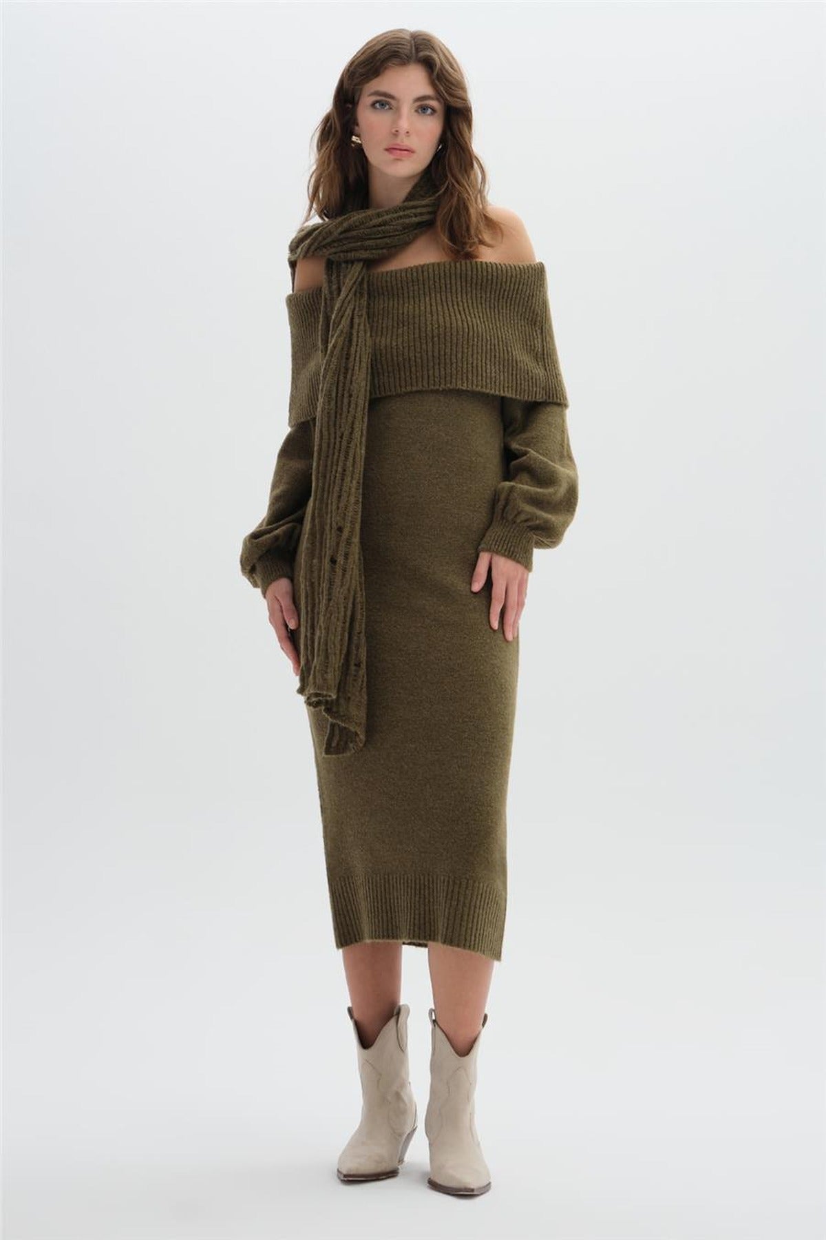 Shawl Collar Long Knit Dress