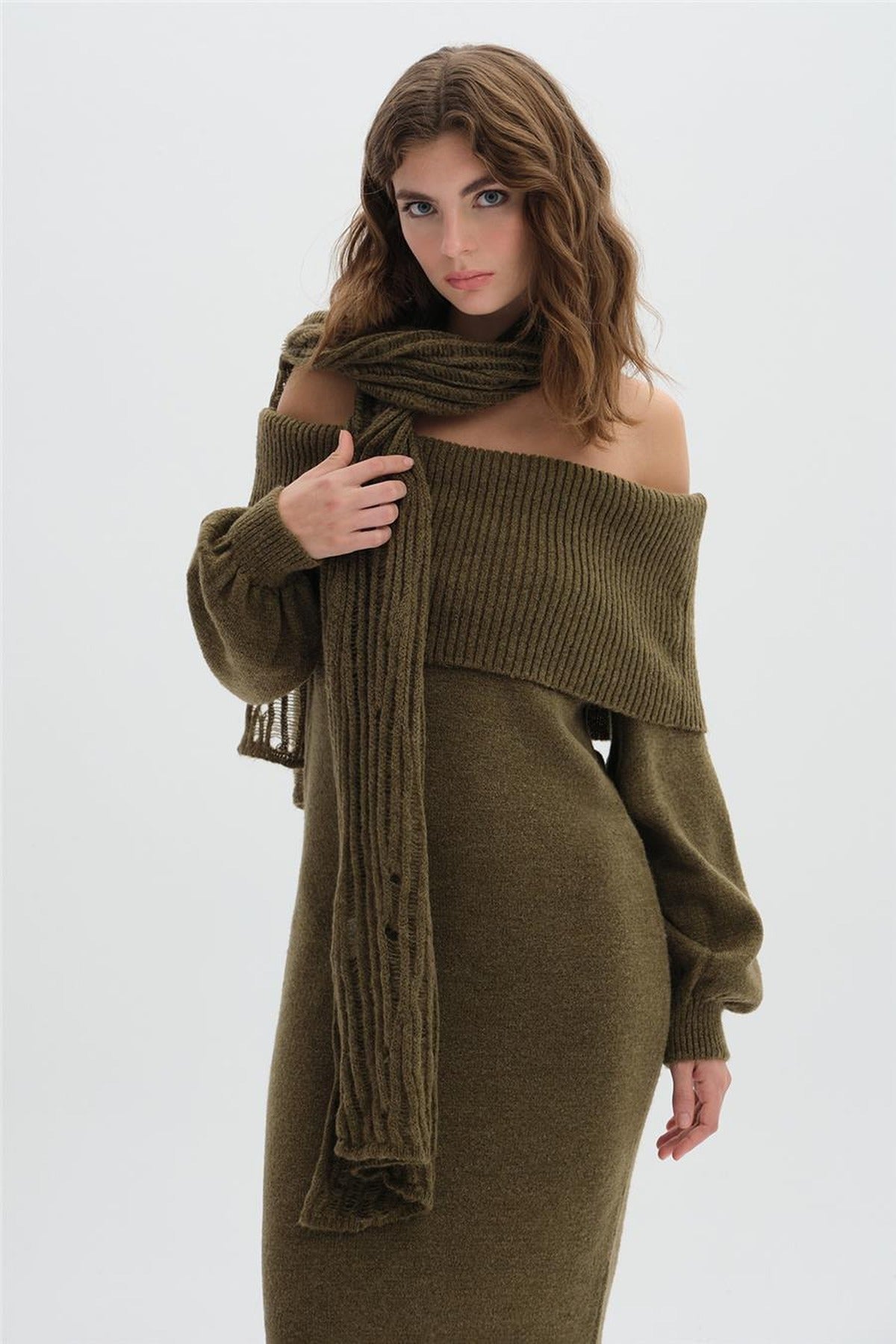 Shawl Collar Long Knit Dress