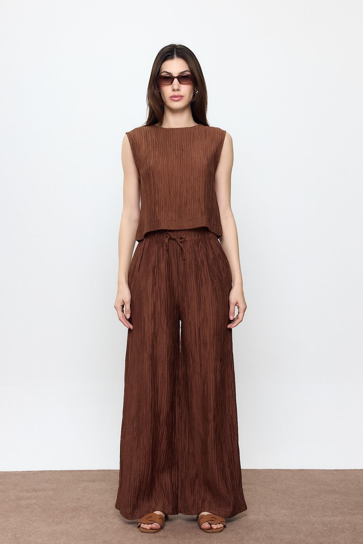 Ribbed Elastic Waist Palazzo Trousers