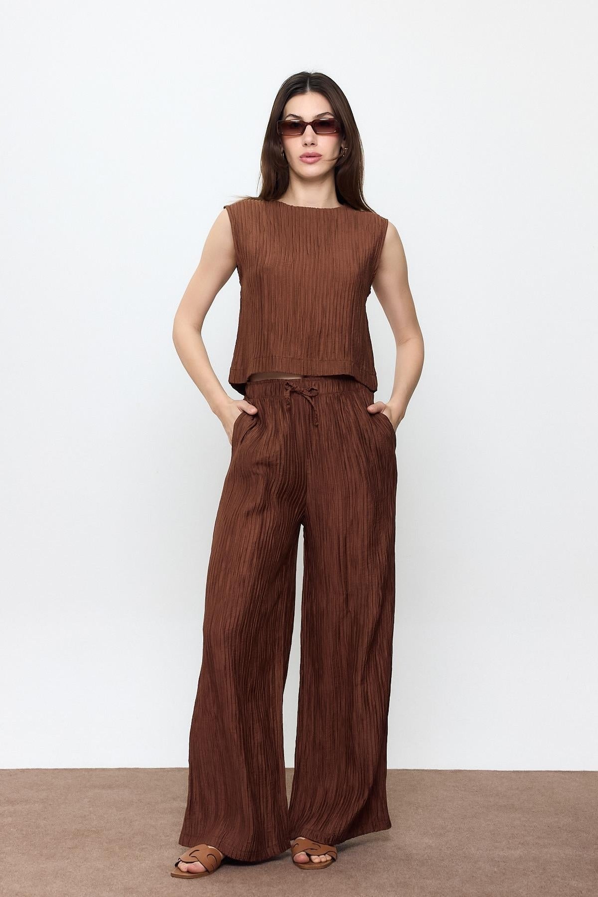 Ribbed Elastic Waist Palazzo Trousers
