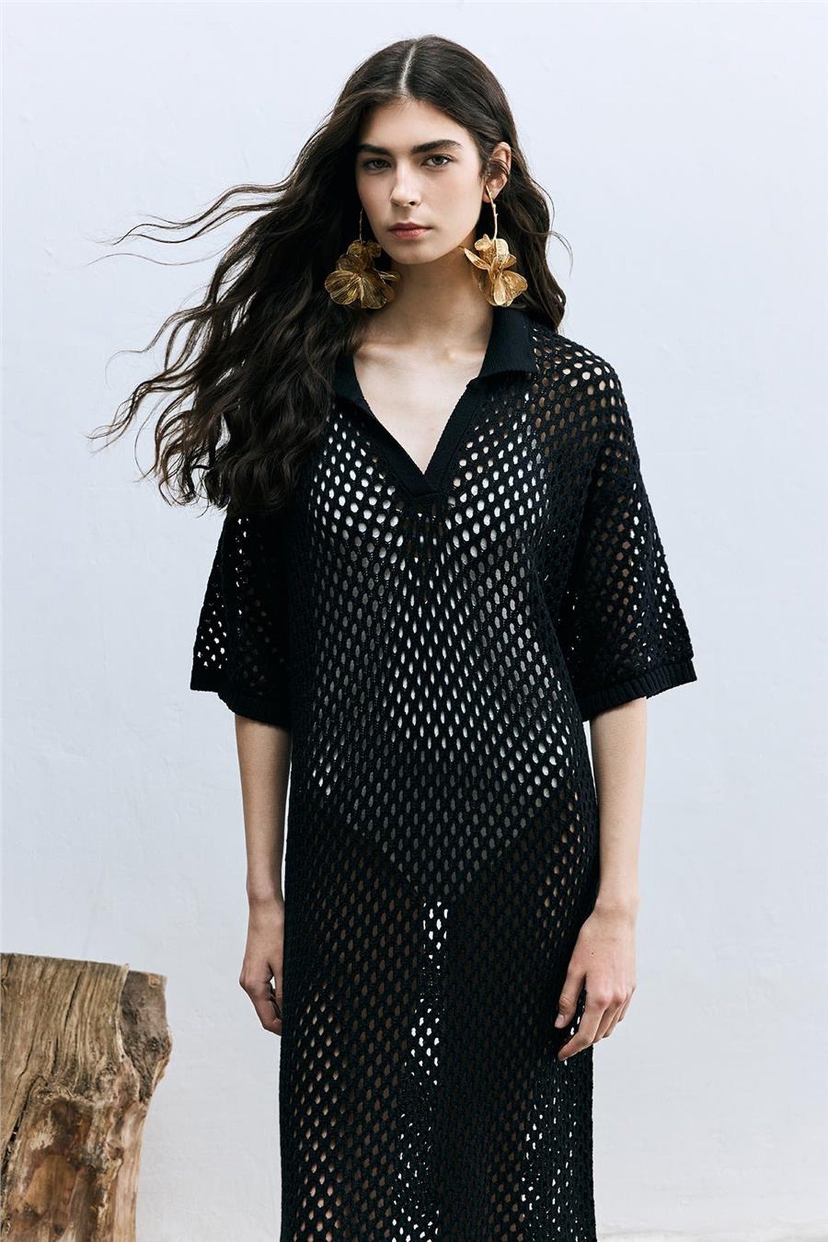 Openwork Polo Collar Dress