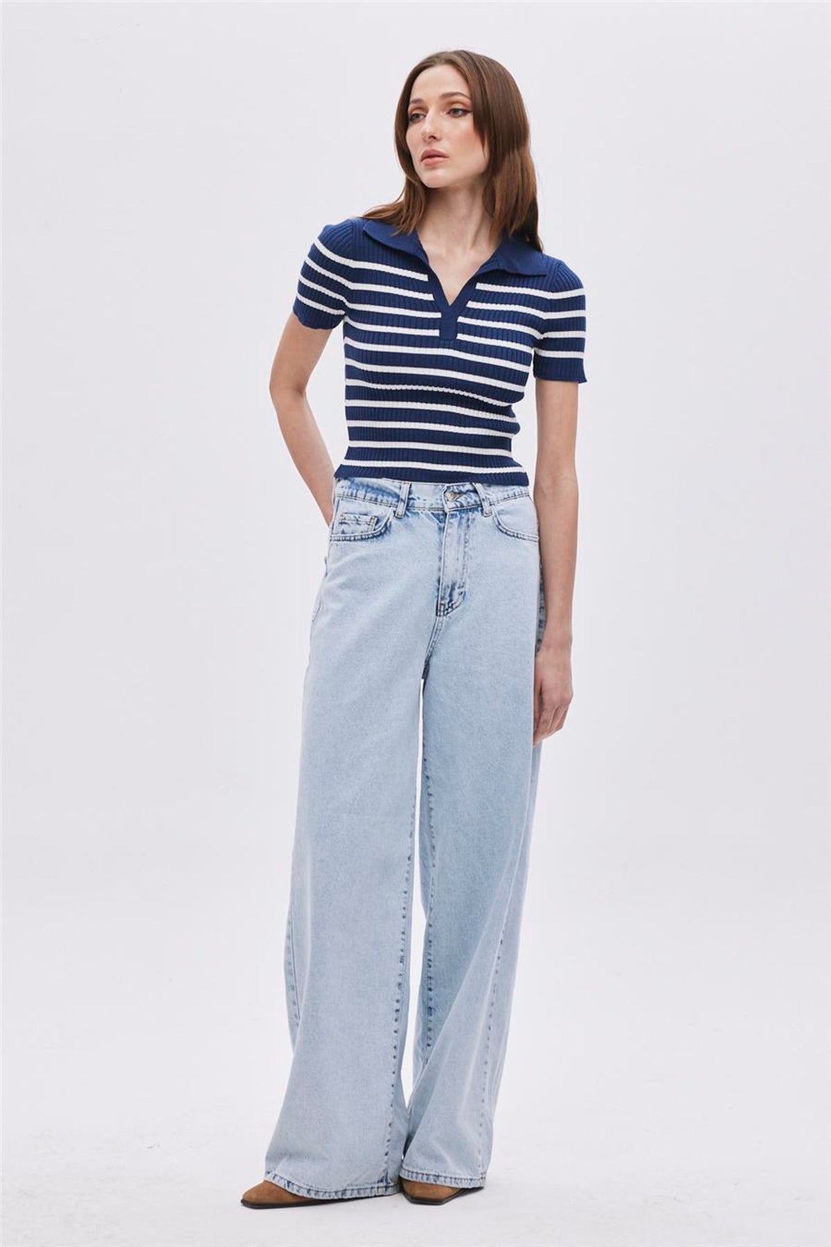 Striped Polo Collar Knit Jumper