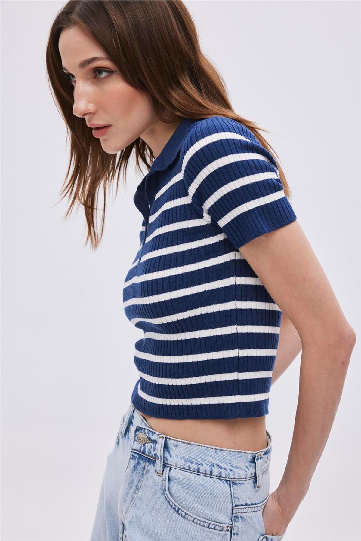 Striped Polo Collar Knit Jumper