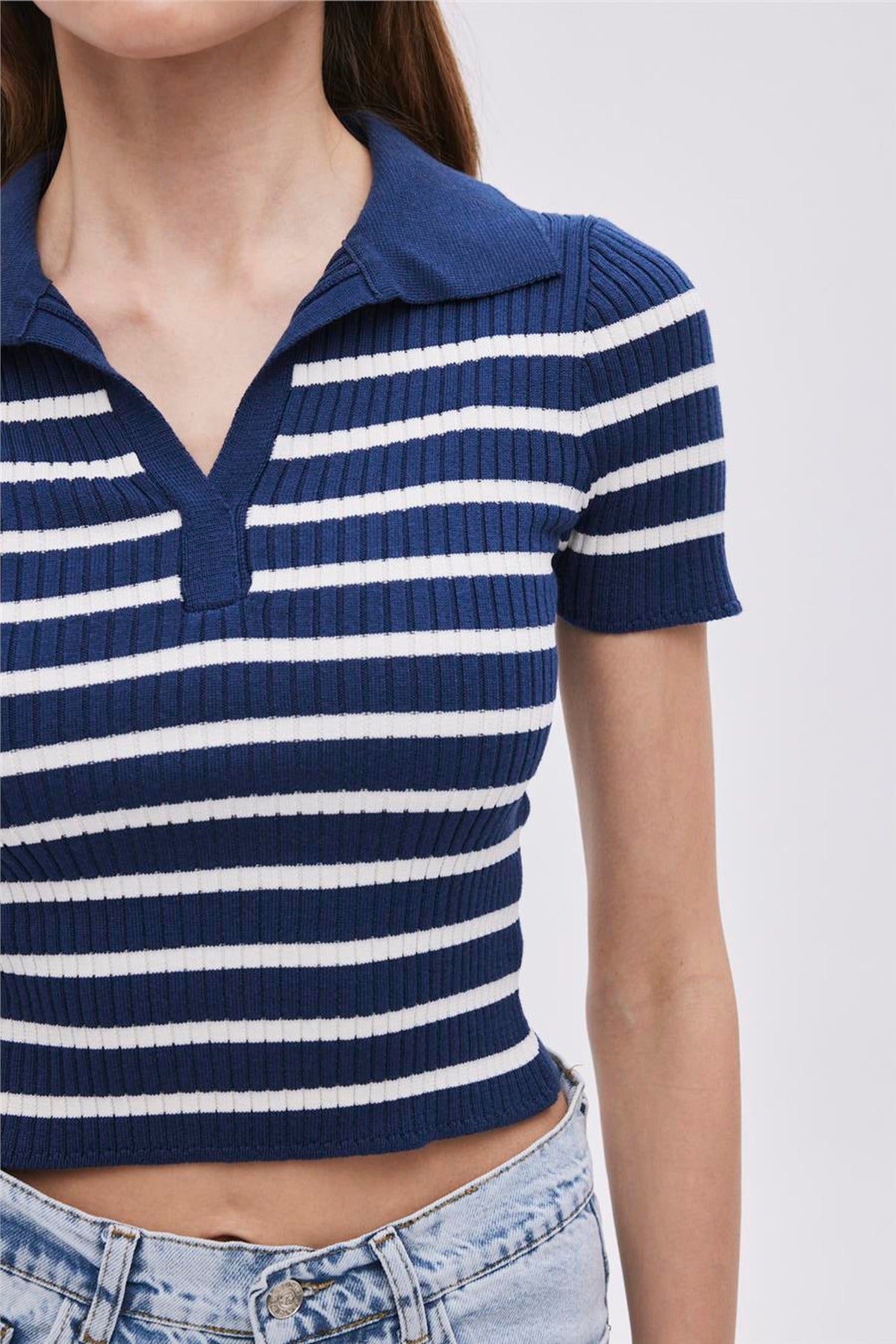 Striped Polo Collar Knit Jumper