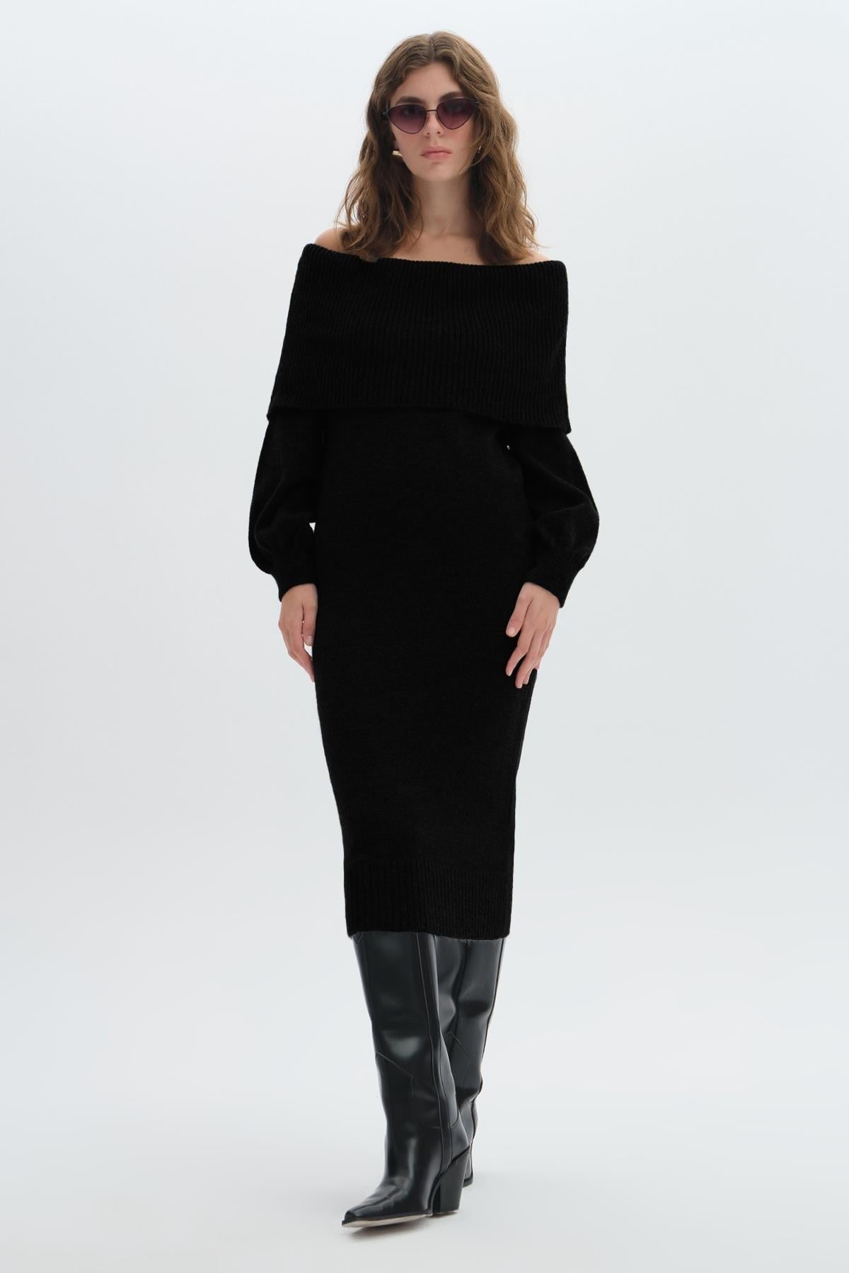 Shawl Collar Long Knit Dress